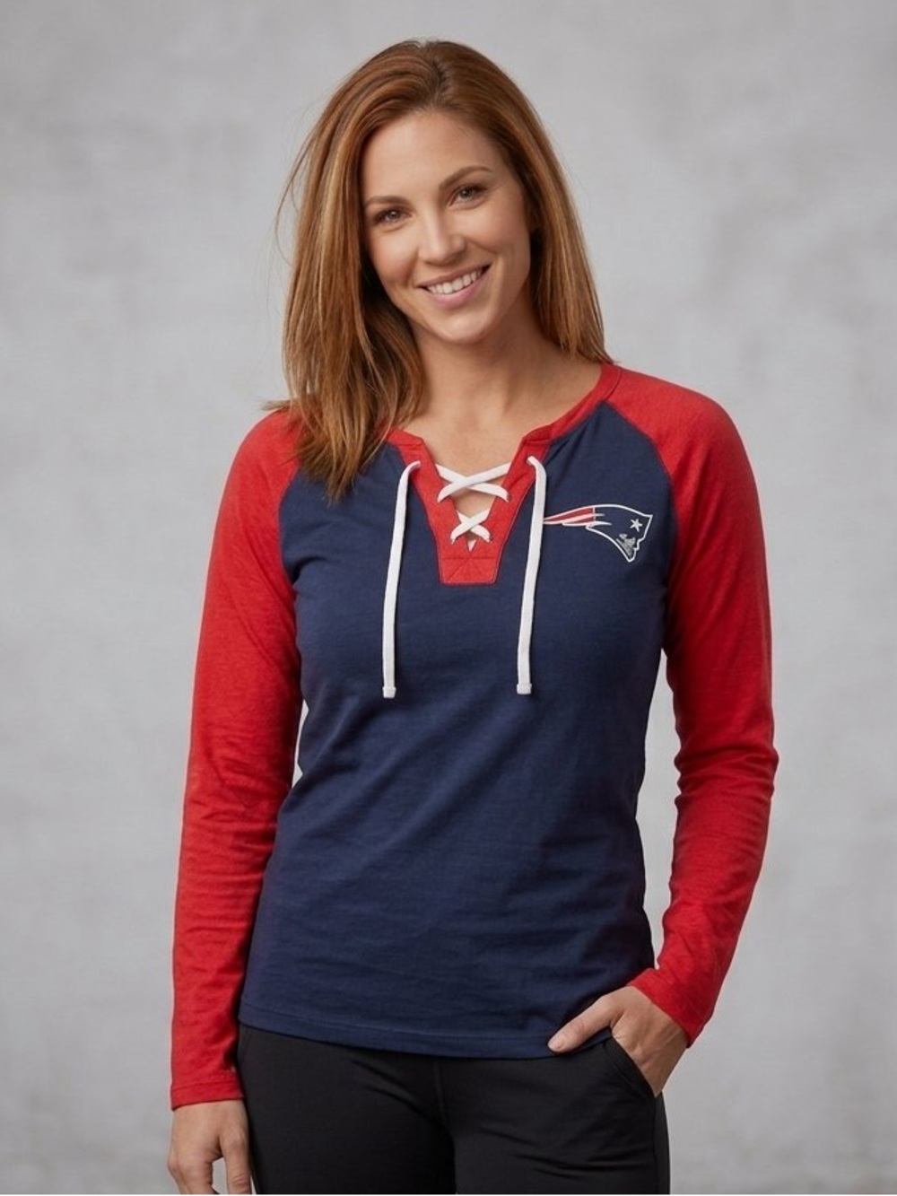 NFL Women’s New England Patriots Raglan Lace-Up V-Neck Long Sleeve T-Shirt • NWT